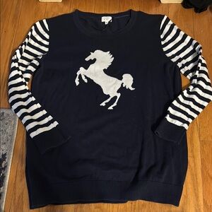 Navy and White Striped Sweater with Unicorn Design